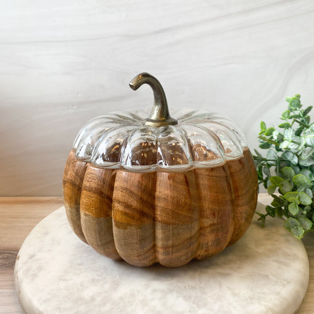 Acacia Wood Pumpkin Containers w/Glass Lid