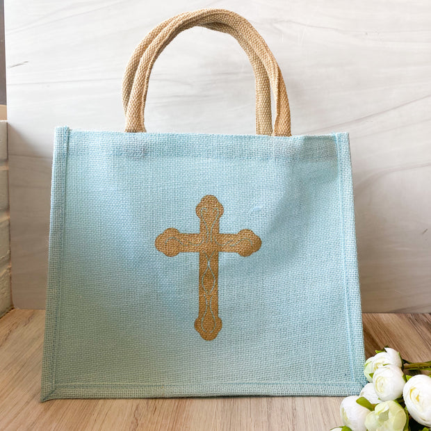 Everlasting Cross Gift Tote Blue/Gold 12x10x8