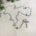 7mm Crystal Glass Bead Rosary with Capped Aqua "Our Father" Beads, Boxed