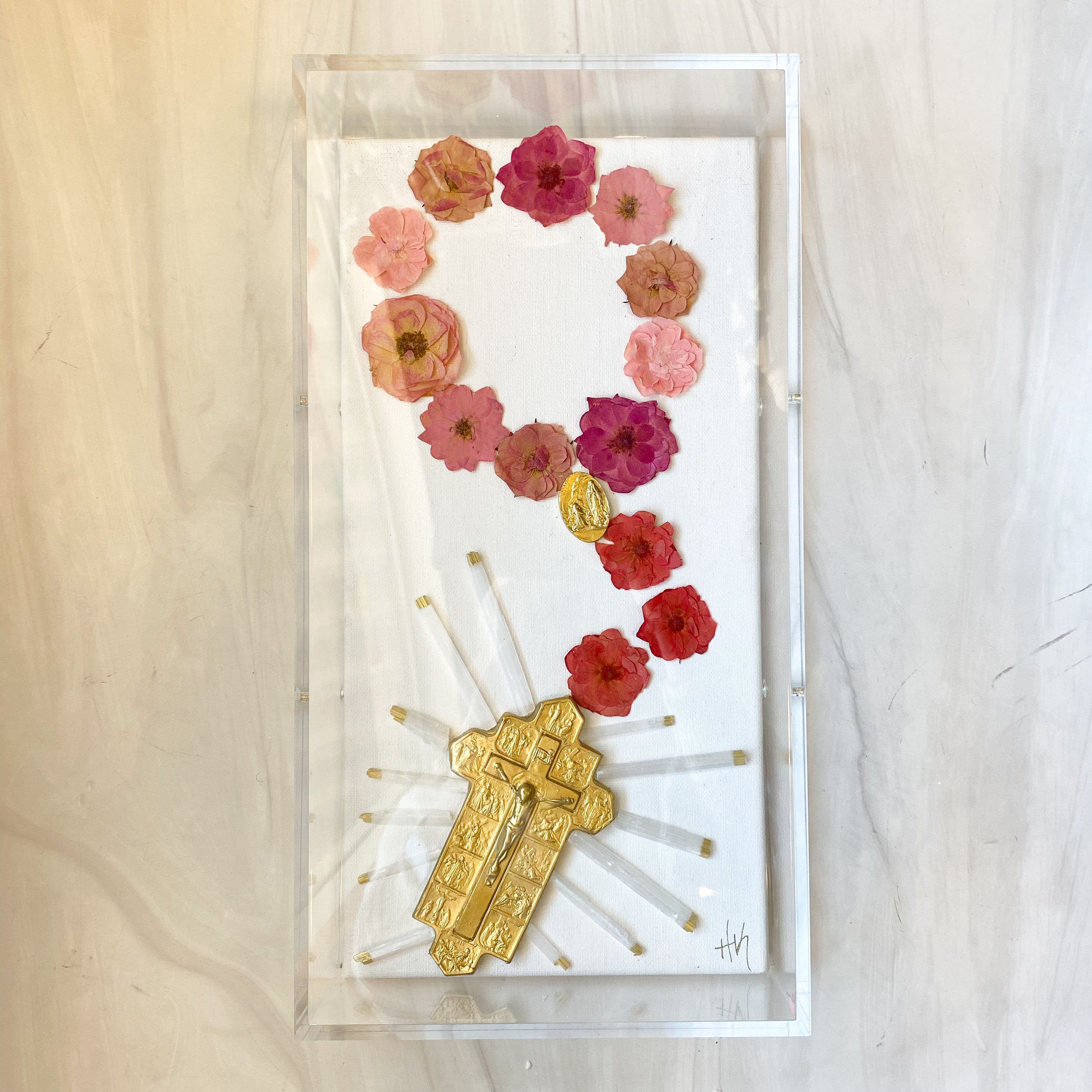 Pressed Flower Rosary Selenite Art