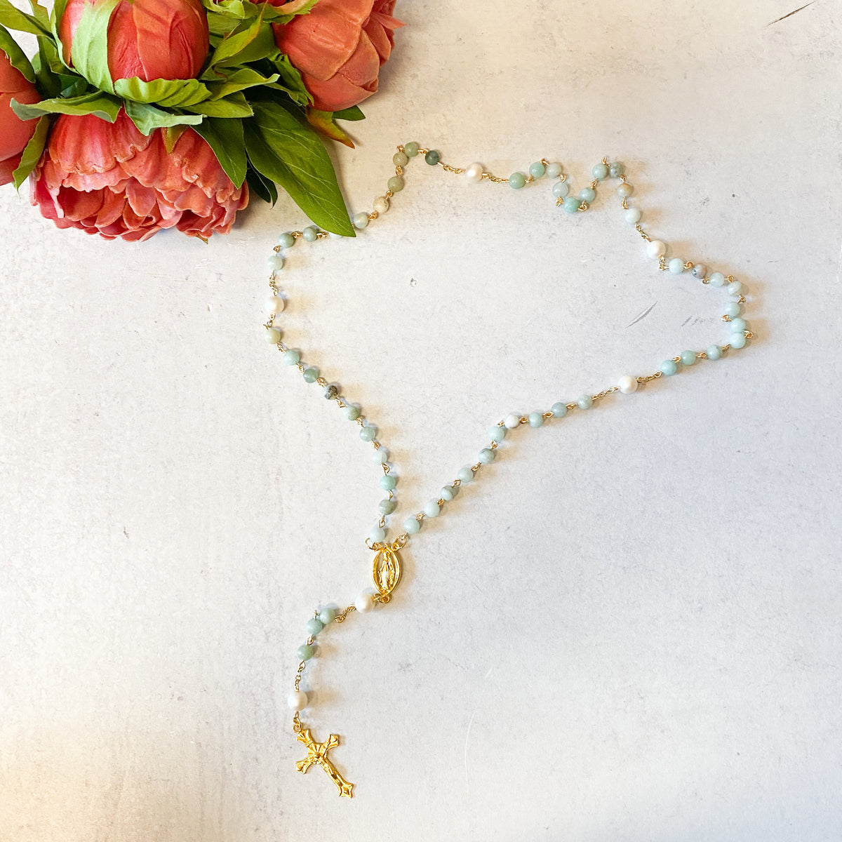 Olive Green Bead and Pearl Handmade Rosaries by Camille Brown
