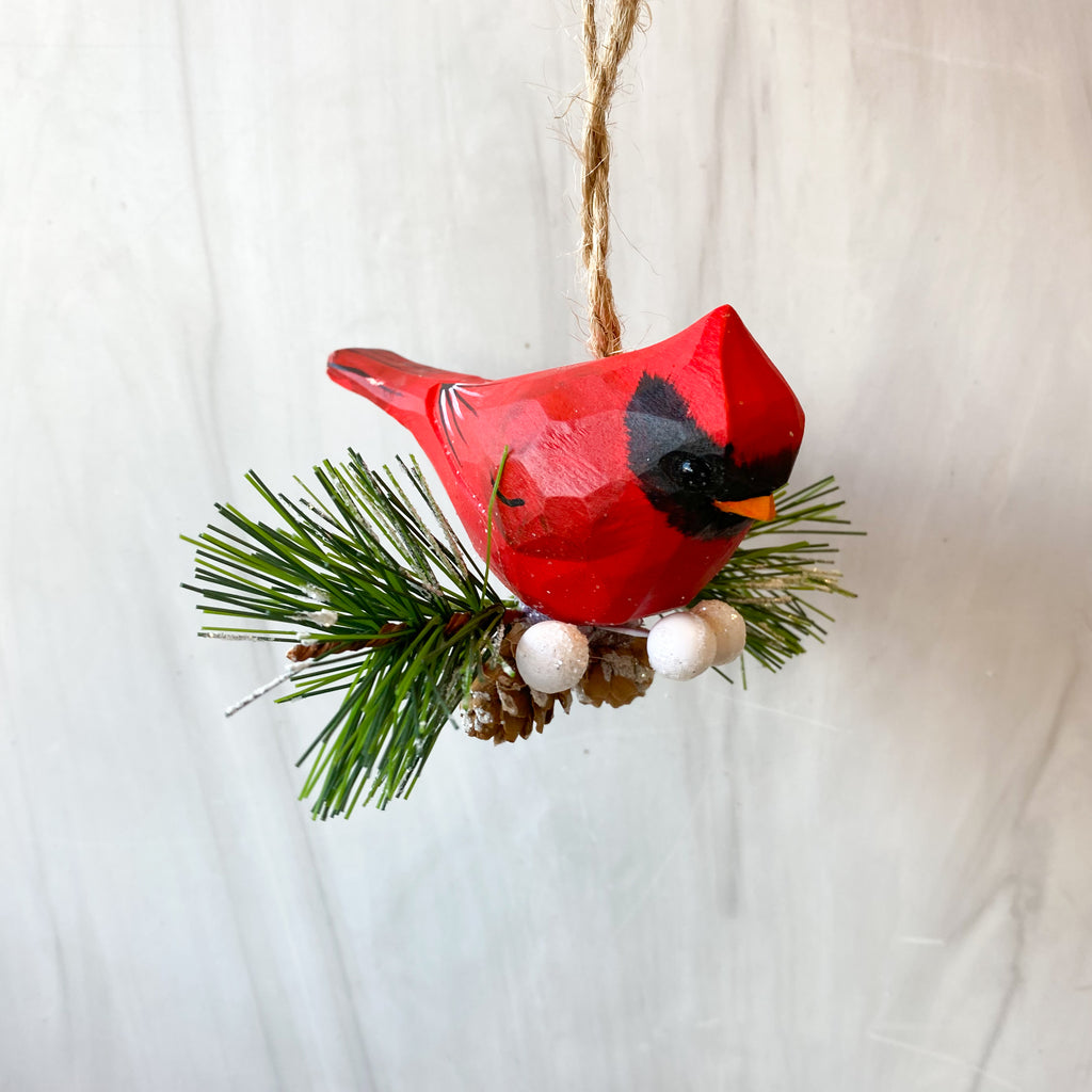 Wood Cardinal on Branch Ornament