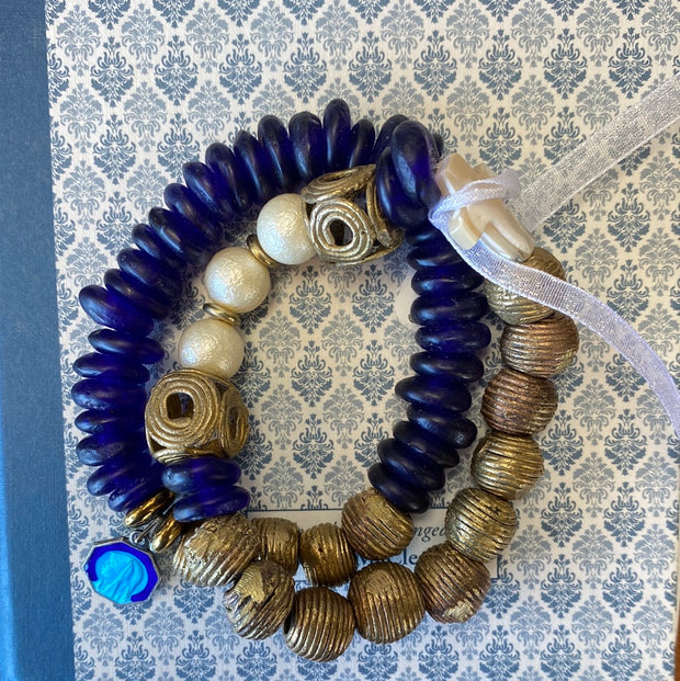 Blue Cloisonne and Mother of Pearl Rosary Bracelet Stack