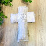 White Satin Baby Cross - Jesus Loves You