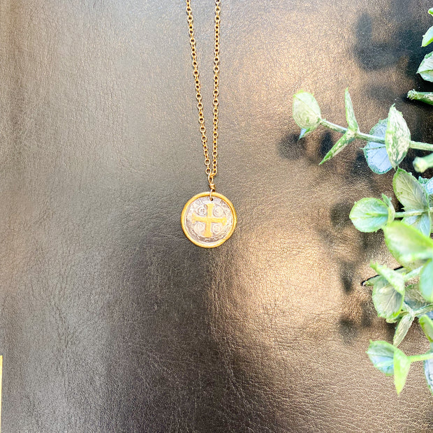 A-1446 Handcrafted Fine Silver St. Benedict Medallion with detail accented on 22K on Gold filled chain