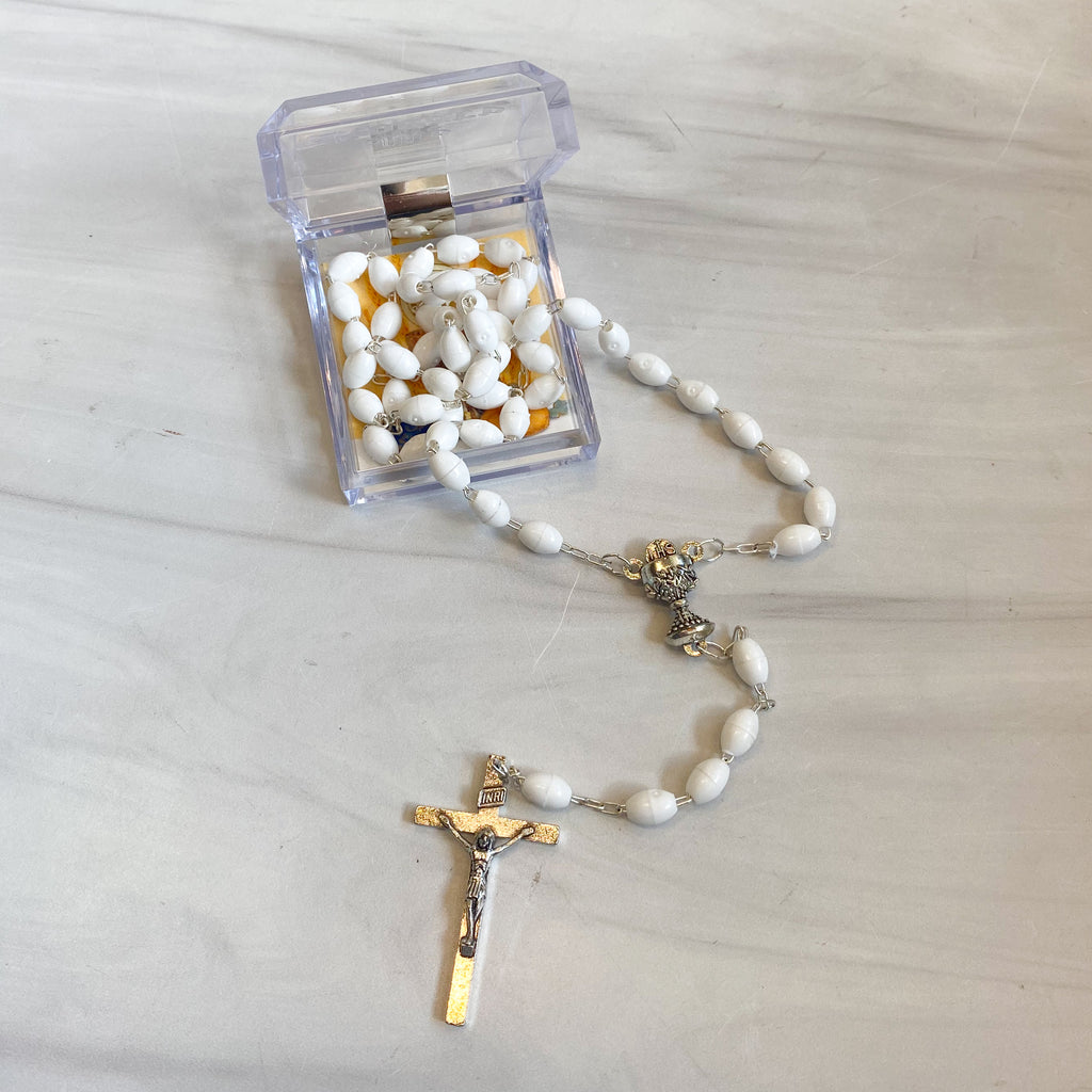 White Plastic Oval Bead Communion Rosary, Boxed
