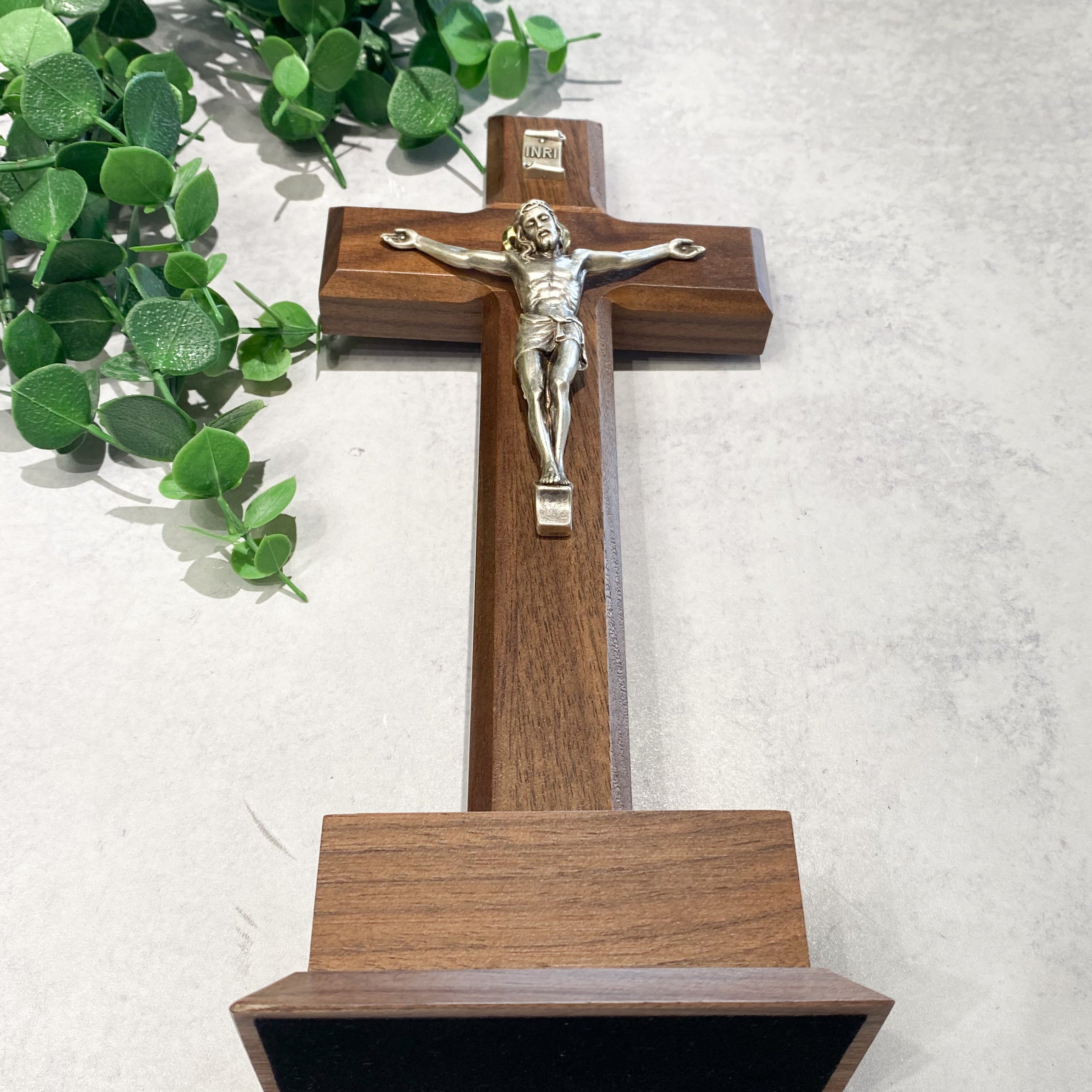 10" Walnut Standing Crucifix with a Silver Finish Italian Salerni Corpus