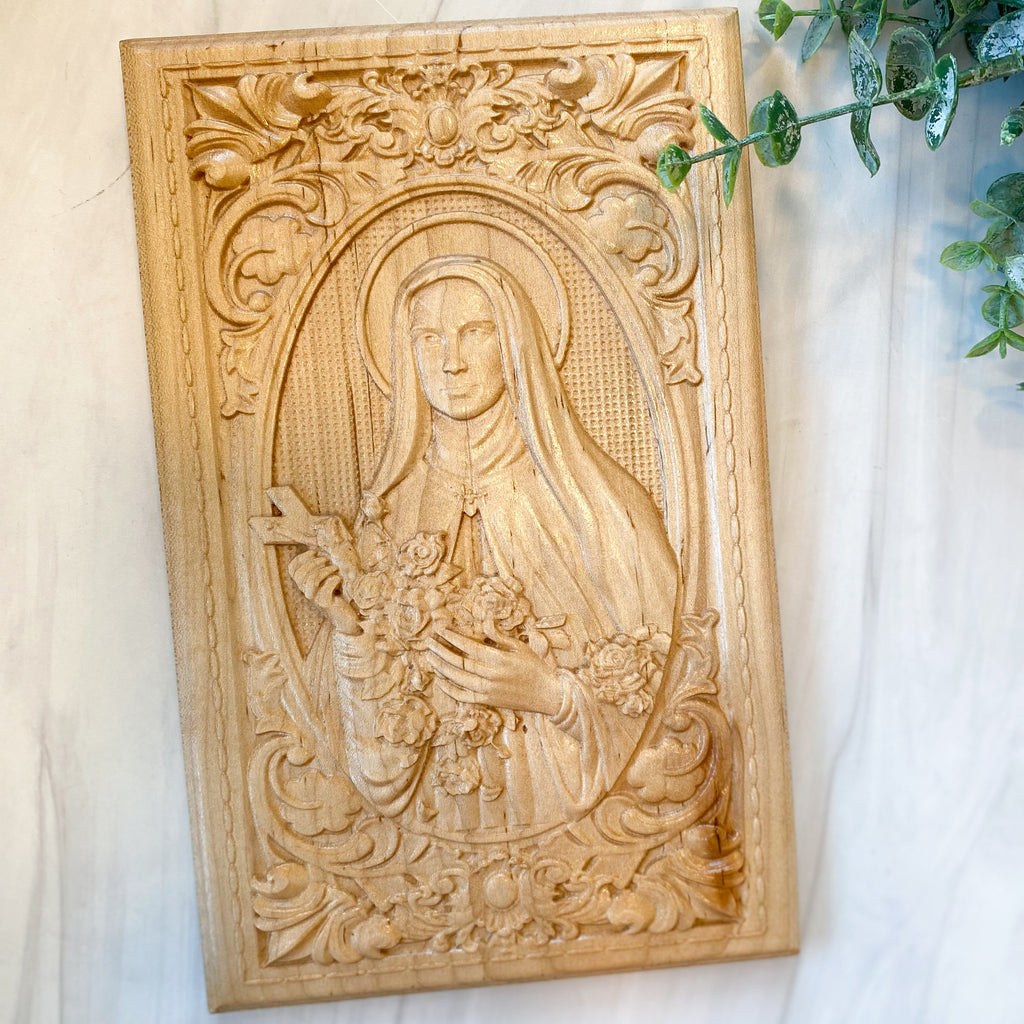 Saint Thérèse of Lisieux Wooden Engraving, Catholic Home Decor