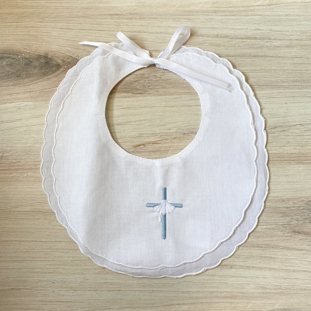 White Scalloped Bib with Blue Cross and Baptism Shell