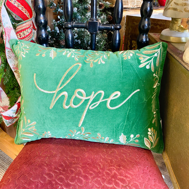 Hope Embroidery Velvet Pillow Green Gold 14"Wx20"L