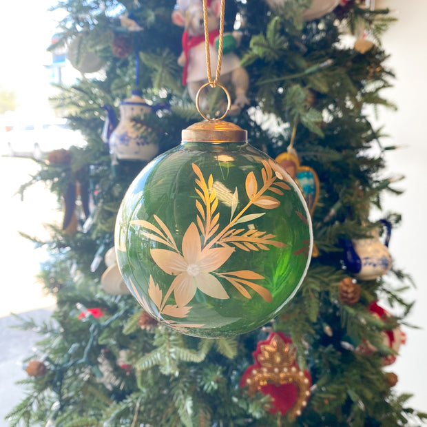 4"Rd Glass Ball Ornament w Flowers, Green & Gold Finish