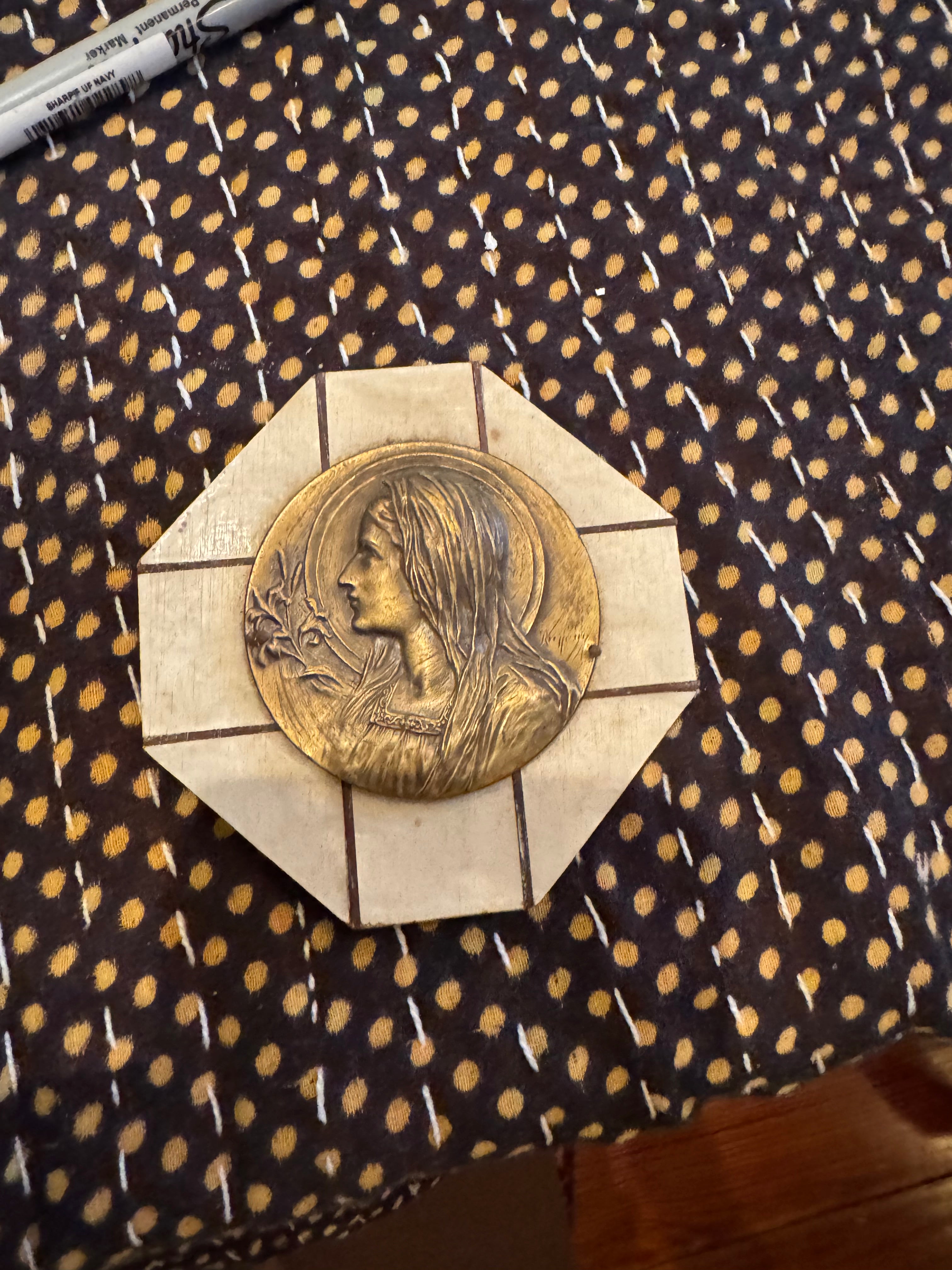 Antique French Virgin Mary Octagon Plaque