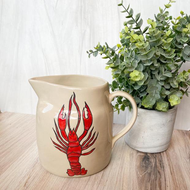 56 oz. Stoneware Pitcher w/ Wax Relief Lobster, Red & White