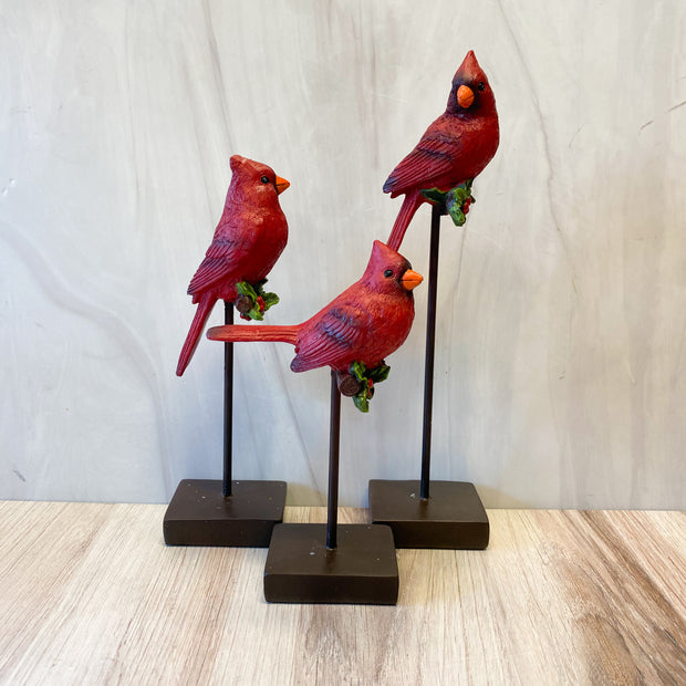 Set of 3 Resin Cardinals w/Holly on Black Metal Spindle