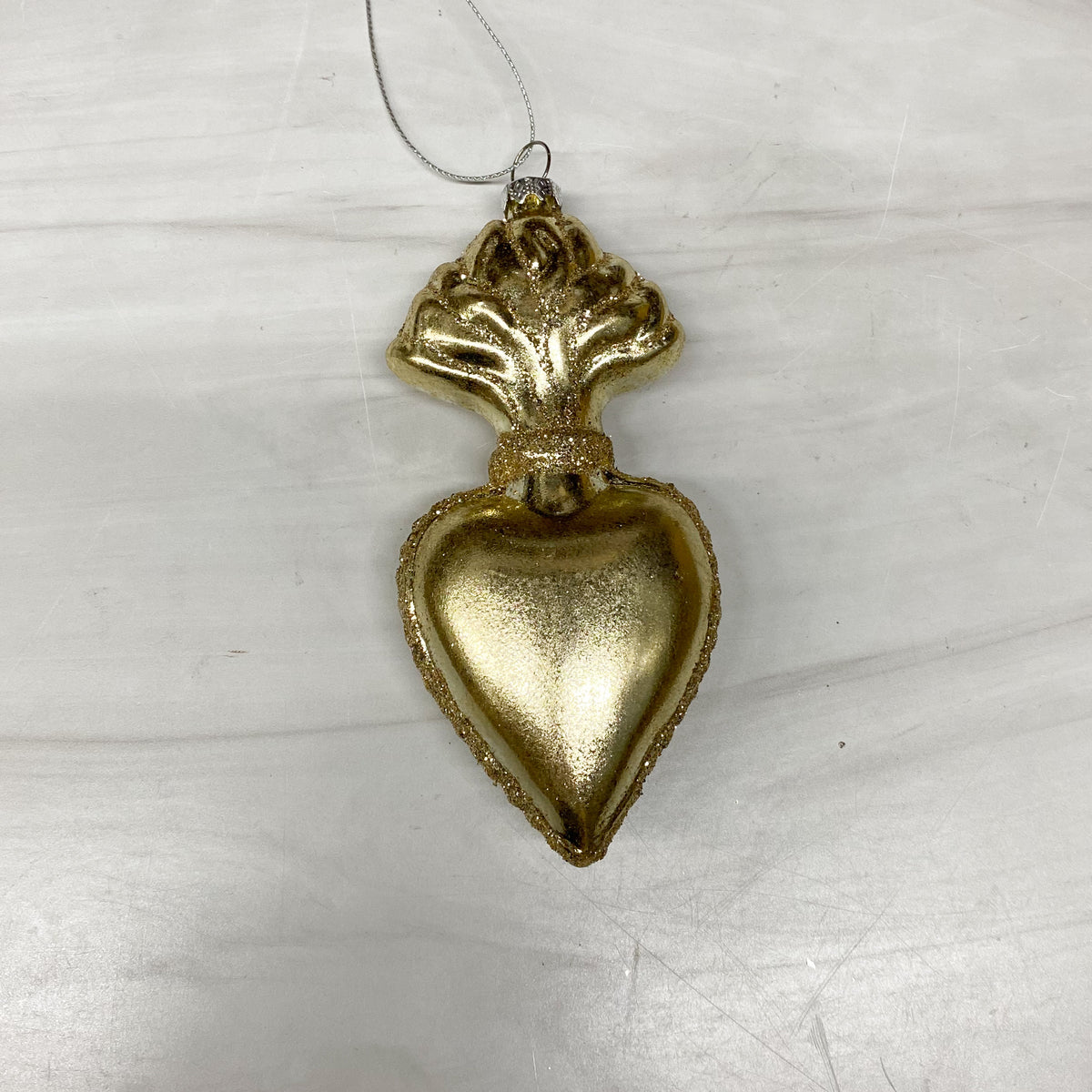 Glass Sacred Heart Ornament w Glitter Gold Finish