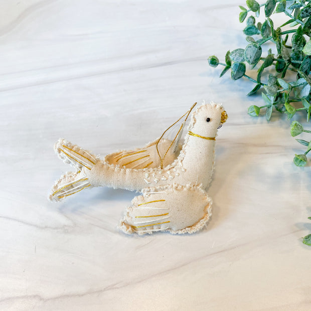 Handmade Canvas Bird Ornament, Cream & Gold, 2 styles