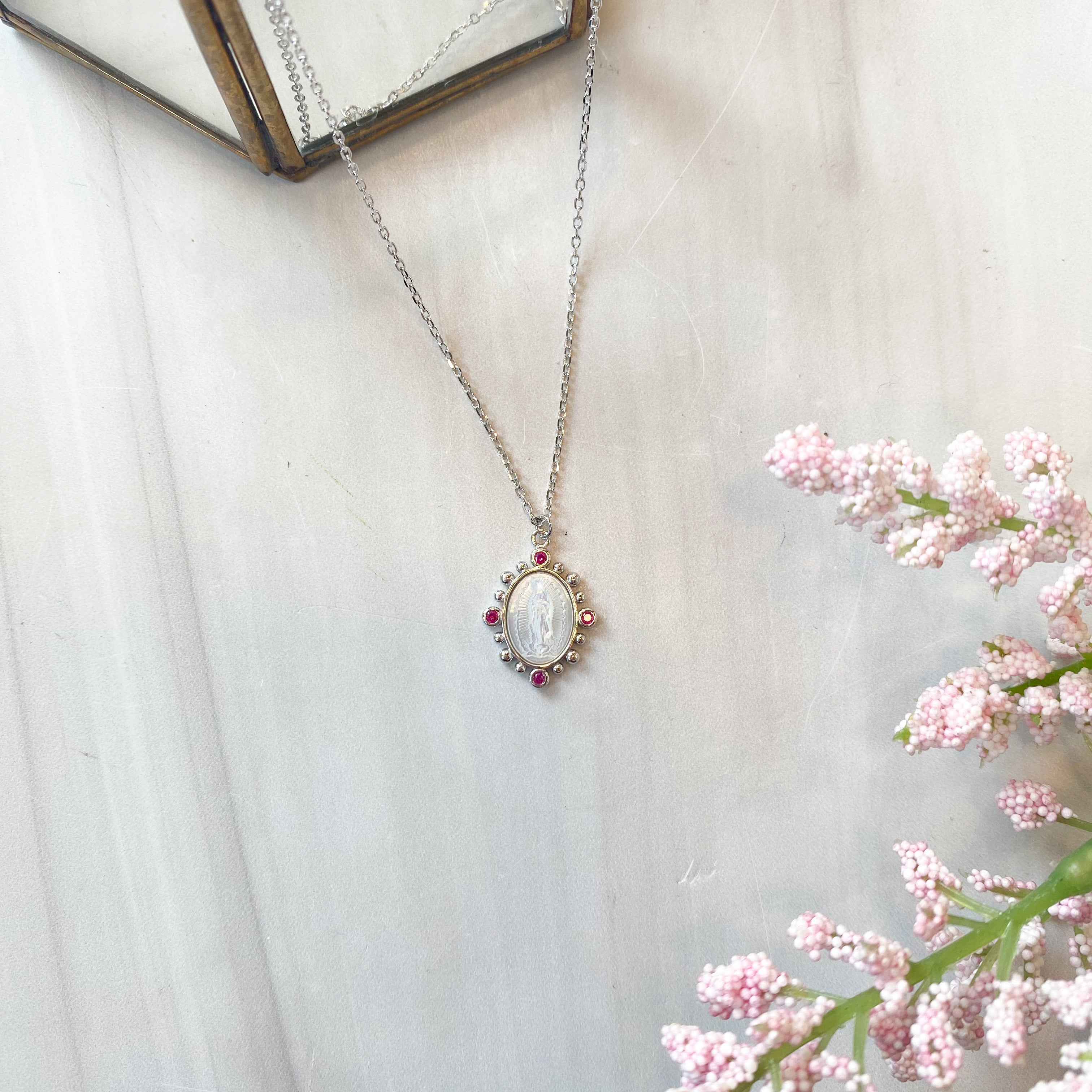 SS Gold Plated Guadalupe Mother of Pearl with Beaded CZ Ruby Gem Border