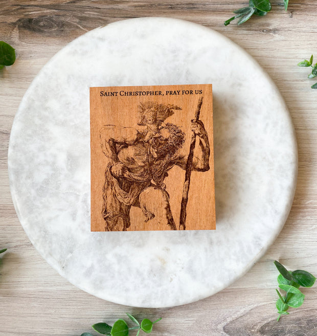 St. Christopher Engraved Plaque | Catholic Wood Art | Holy Family Devotional Gift