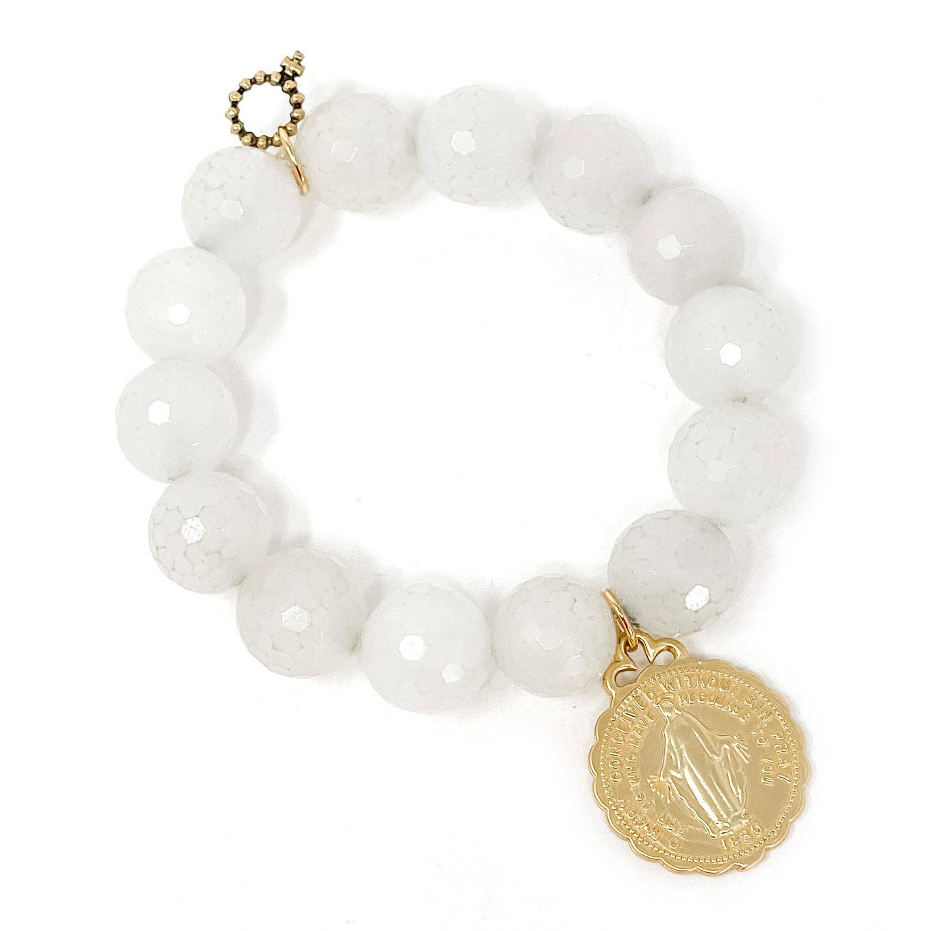 Faceted White Jade with Gold Ruffle Blessed Mother