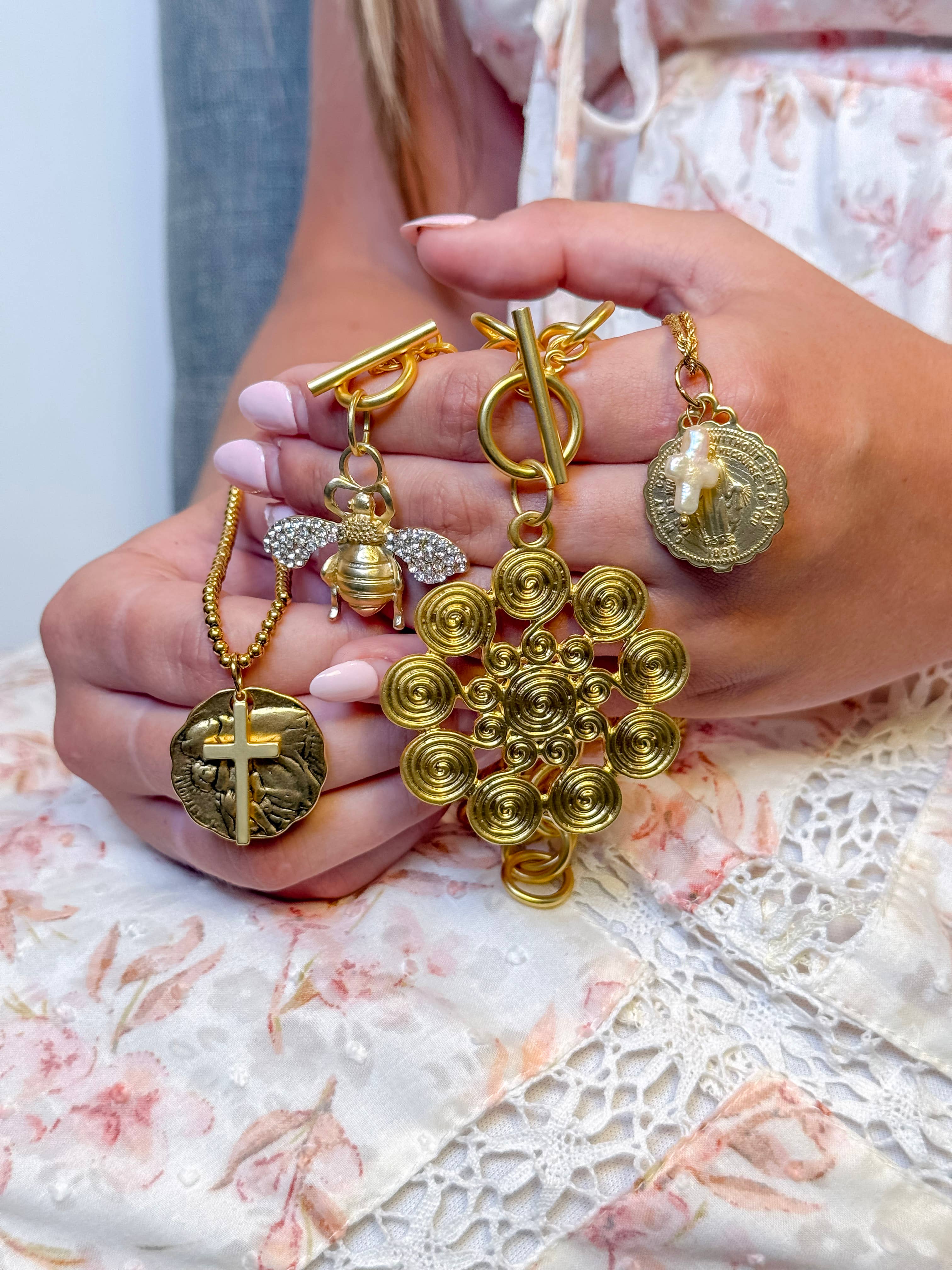 Gold Rope Chain with Gold Ruffle Blessed Mother & Pearl Cross