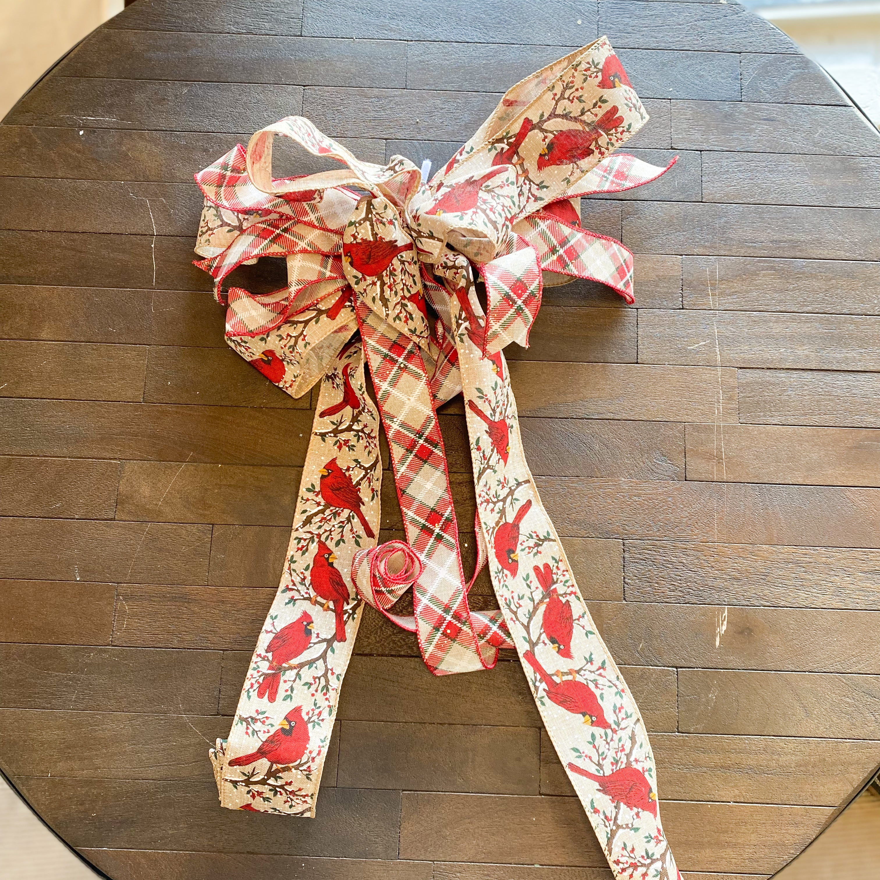 Natural Linen Cardinal and linen plaid bow