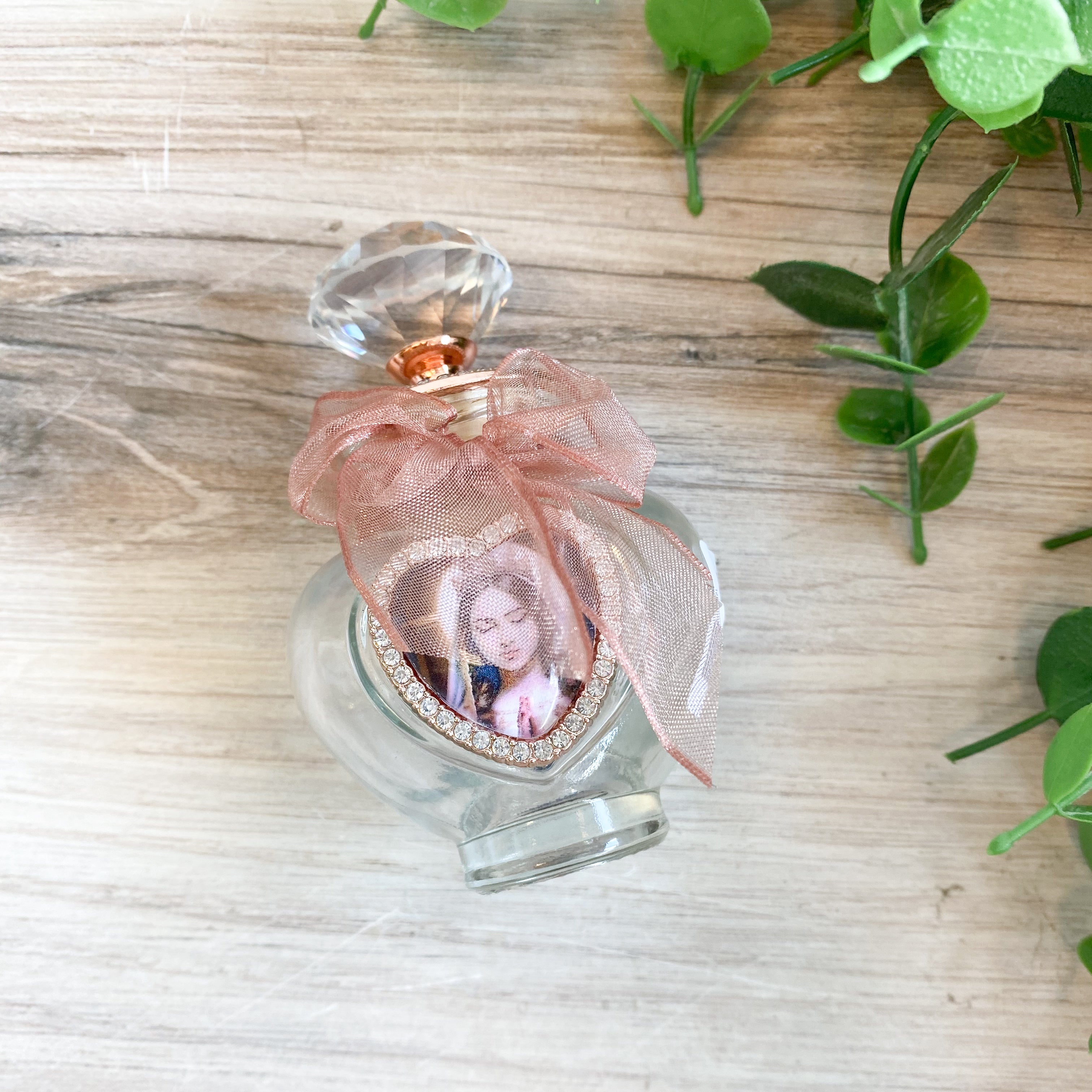 HWB24159 - Holy Water Bottle - Virgin Child, Petite Heart Shape, Rose Gold Accents