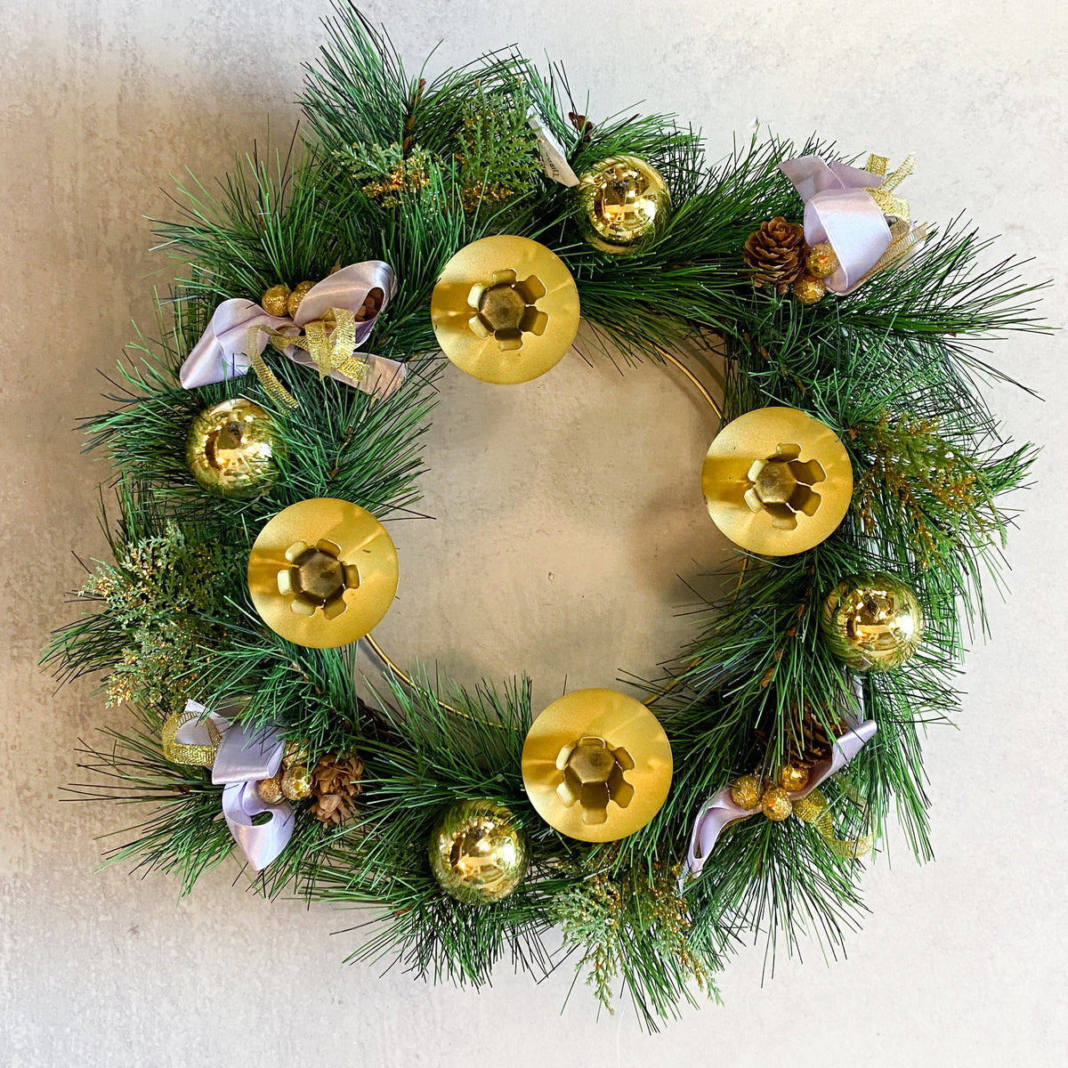 12"D Advent Pine Wreath with Purple Bows & Gold Bows