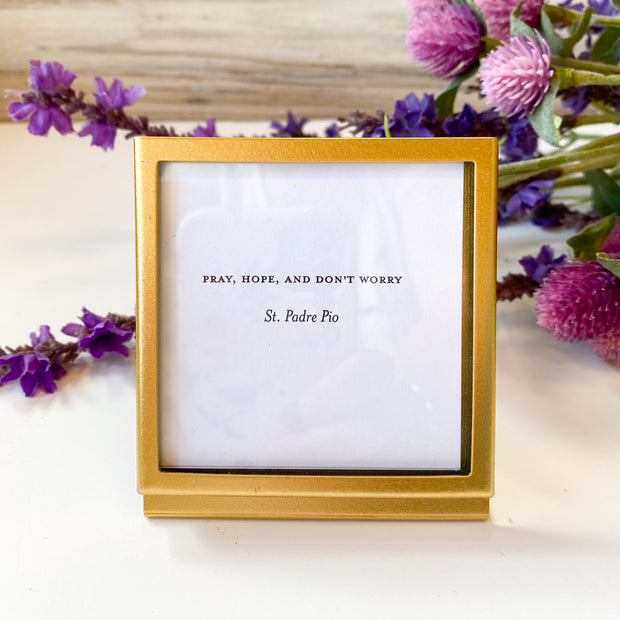 3" Square Metal and Glass Frame with Easel and Saying - Gold