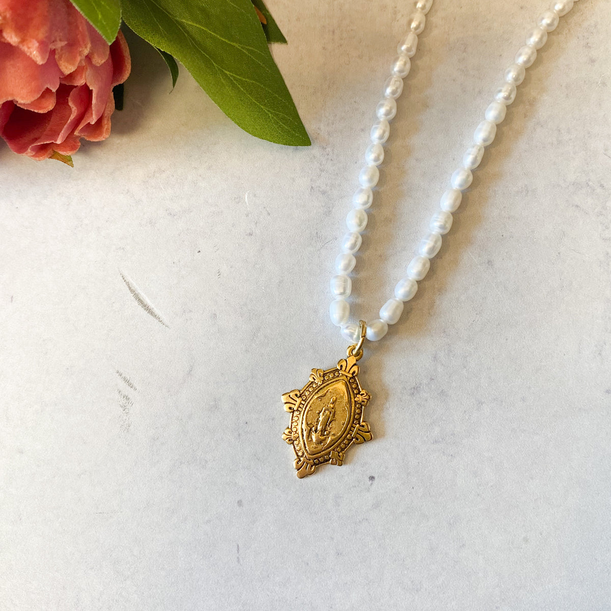 Fleur-de-lis Mary Pearl Necklace