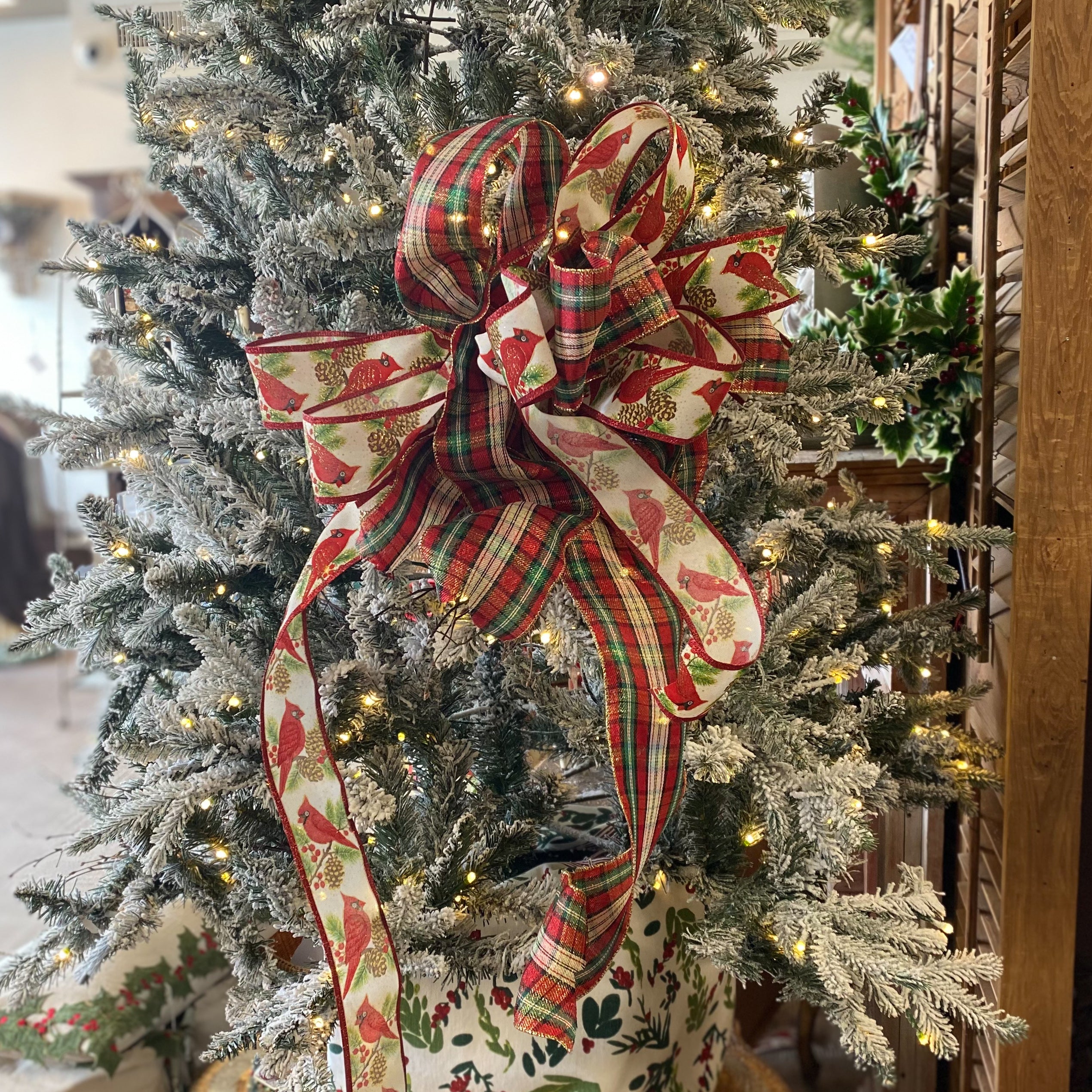 Cardinal and plaid ribbon bow