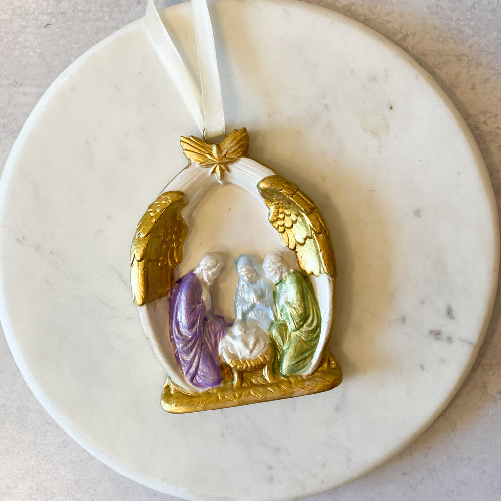 Holy Family Nativity/Angel Wings Painted & Gold Leaf Ornament