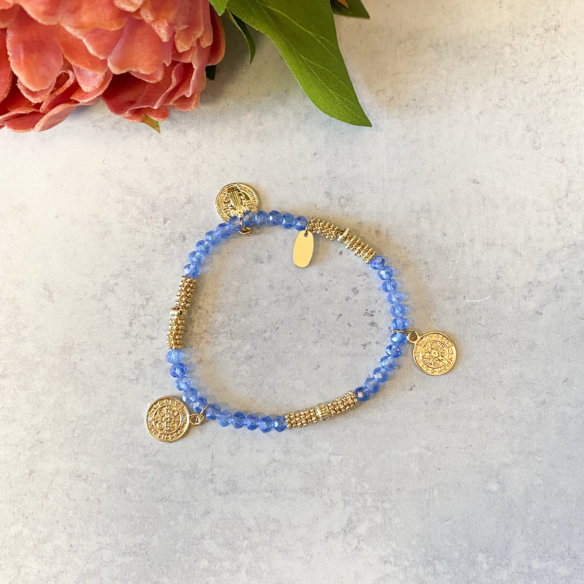7"L Saint Benedict Bracelet Gold; Stretch; 5 Colors