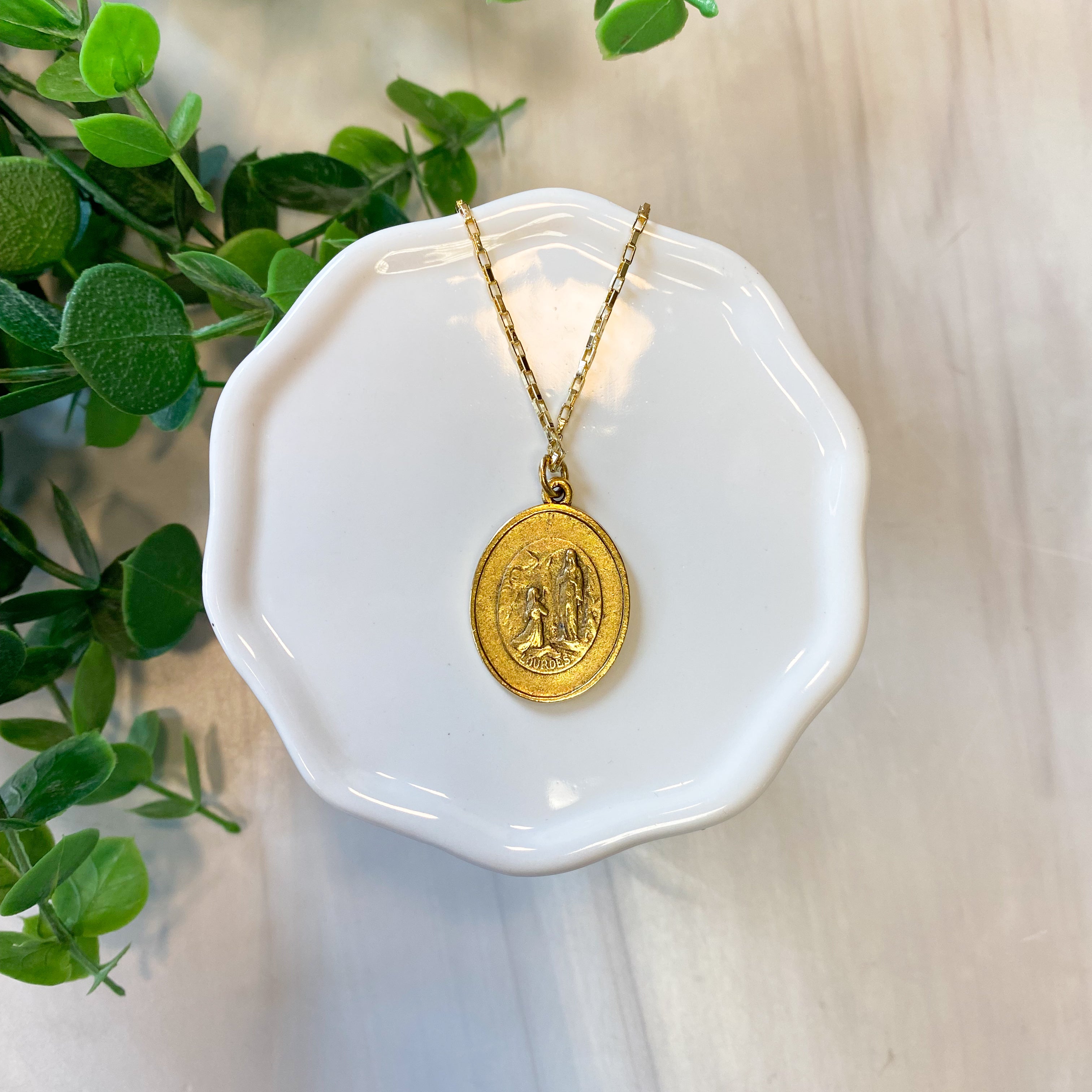 Antique Lady of Lourdes Pendant Straight Bar Chain