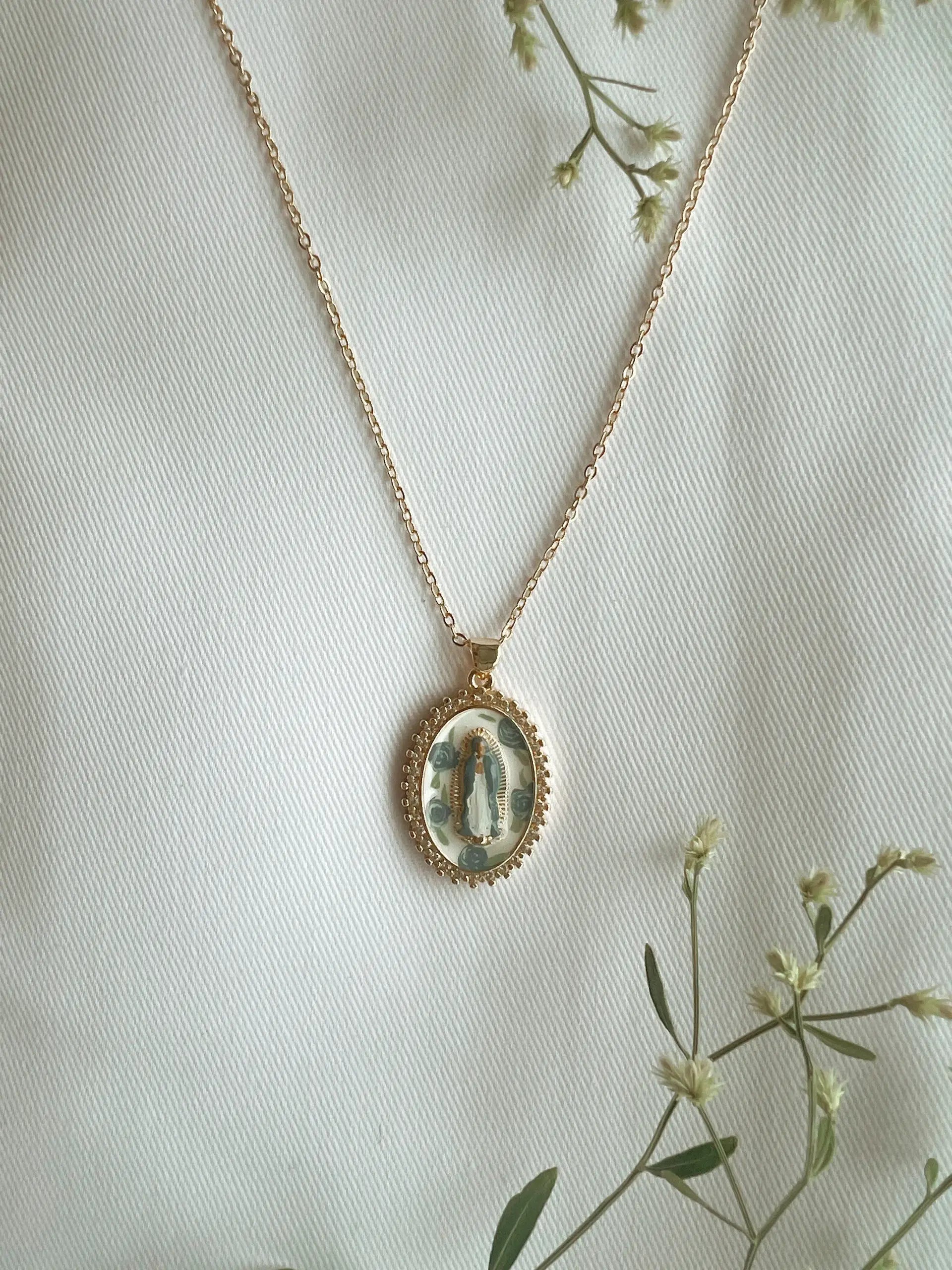 Mother Mary in Blue Roses Necklace