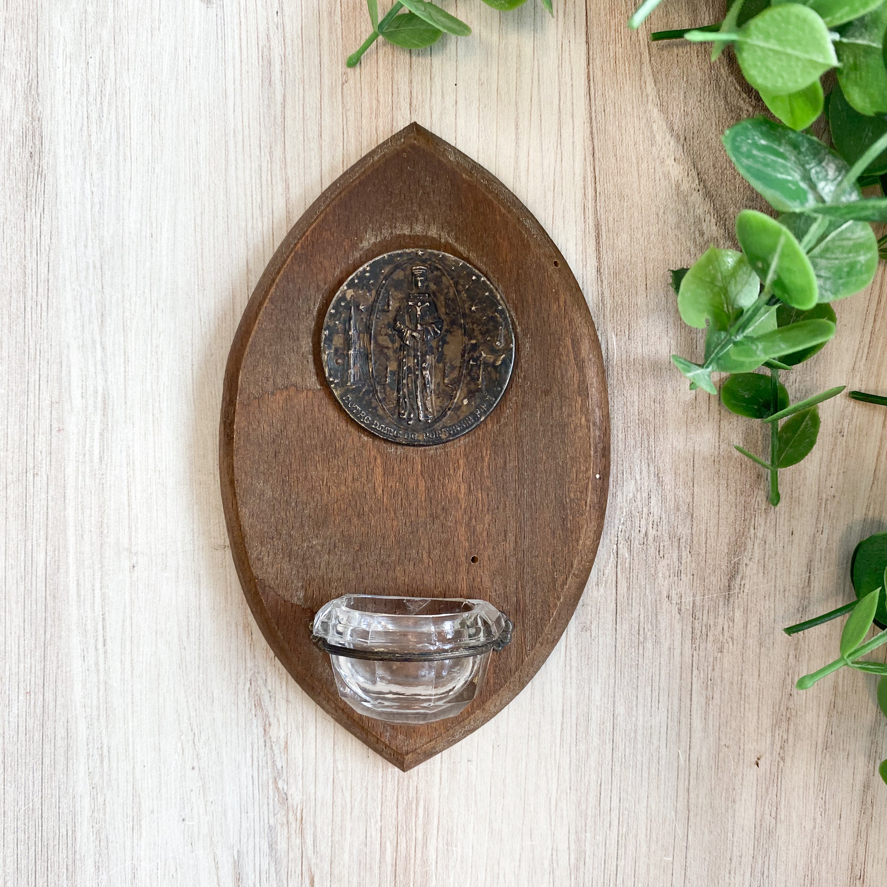 Antique French Wooden Notre Dame Holy Water Font