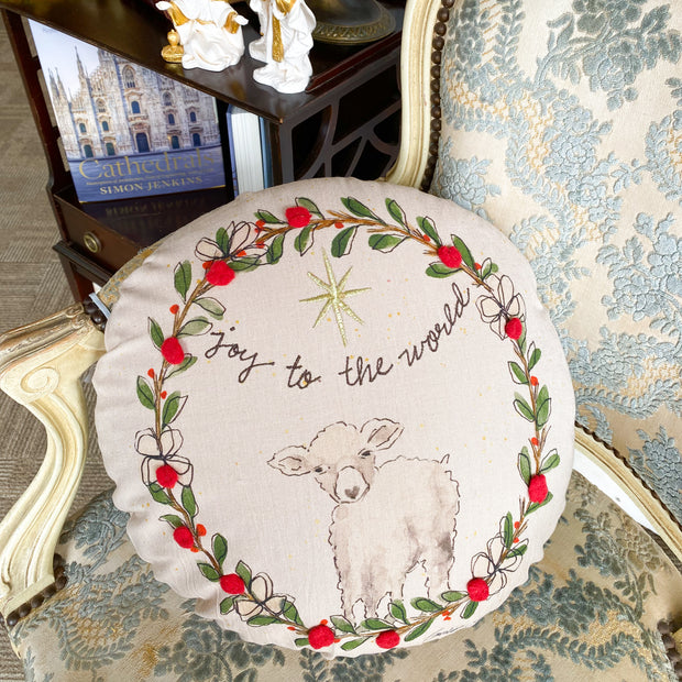 "Joy to the World" Round Cotton Pillow with wreath