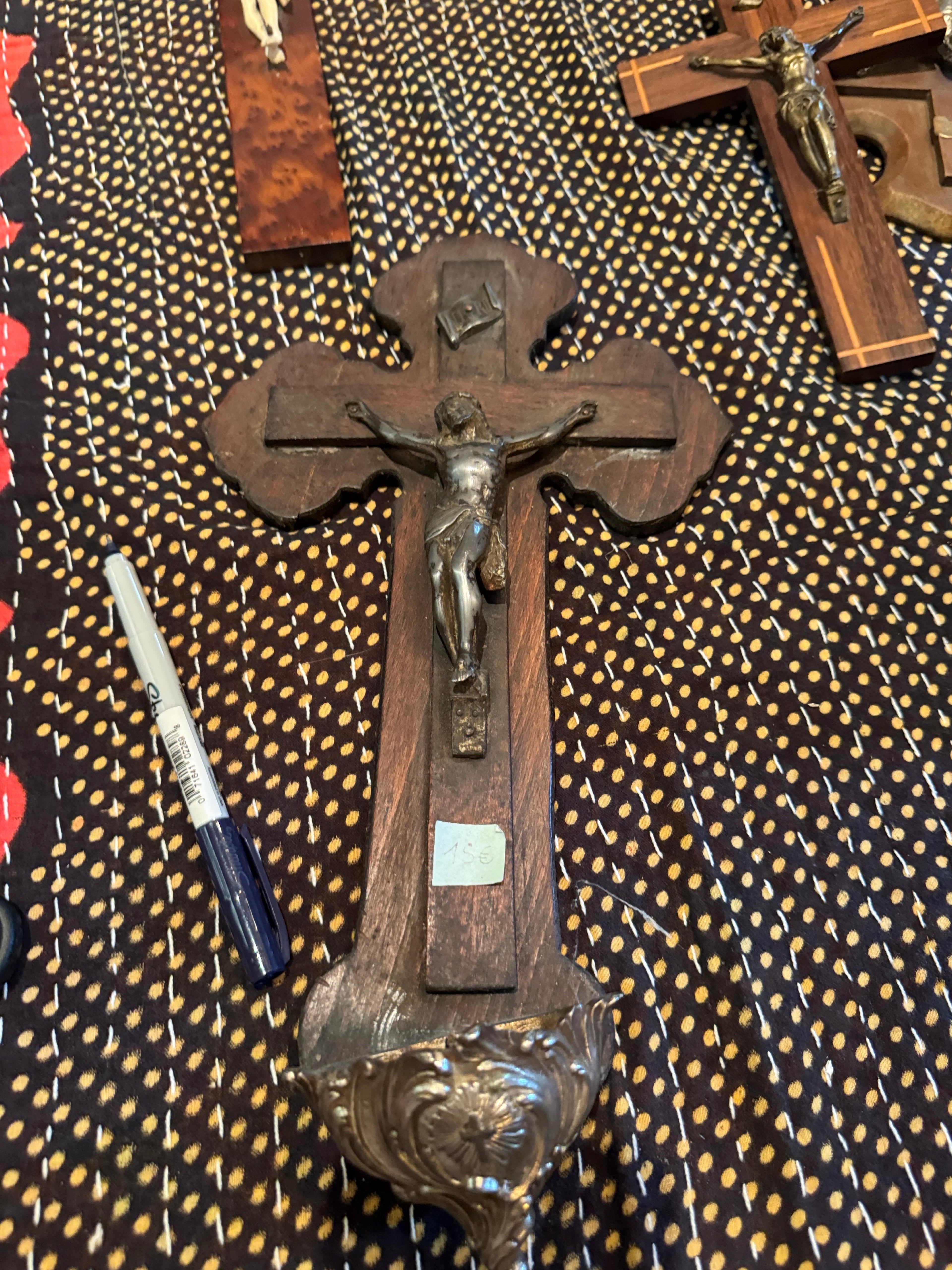 Antique French Wooden Crucifixion Holy Water Font