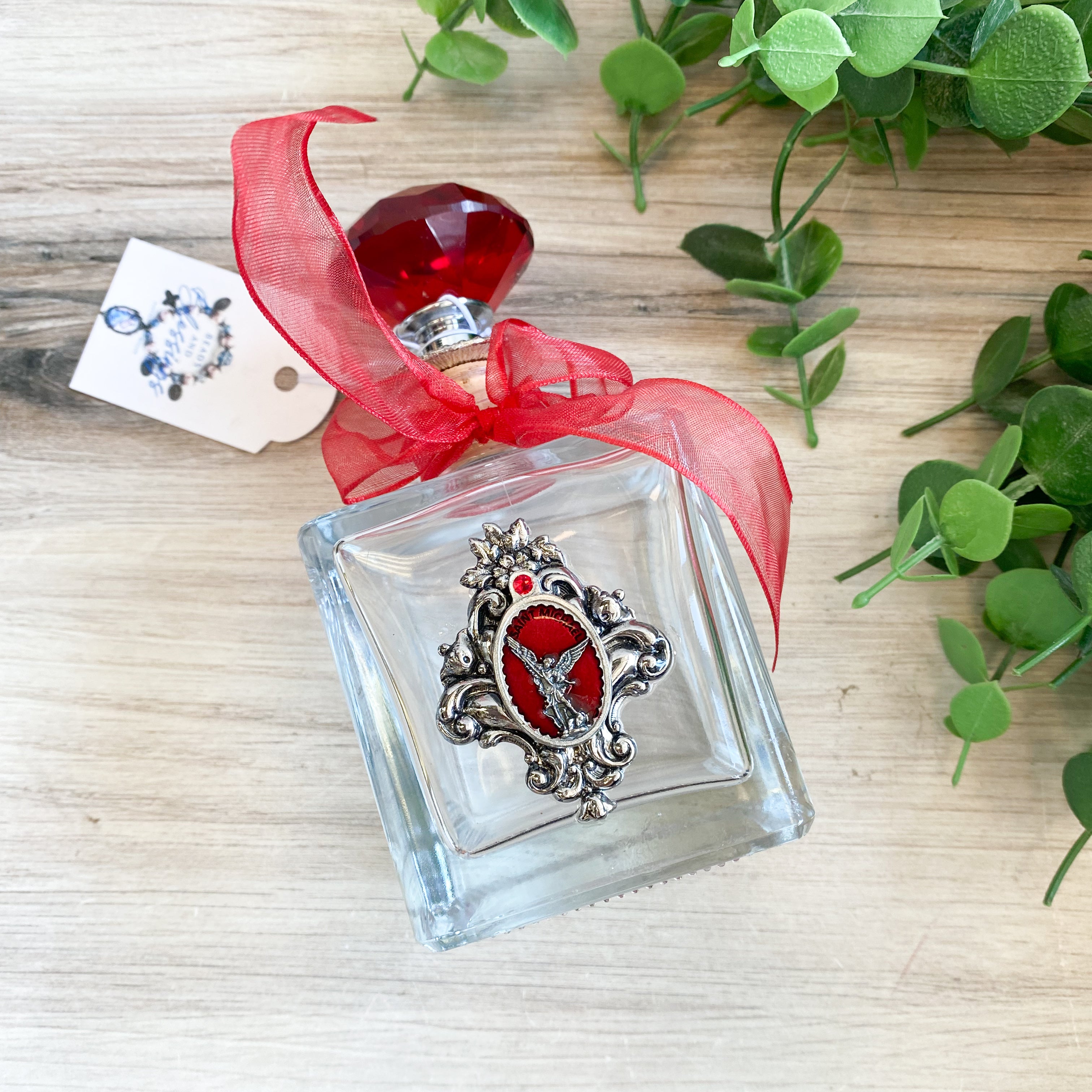 HWB24070 - Holy Water Bottle - Clear Square, Red St. Michael the Archangel