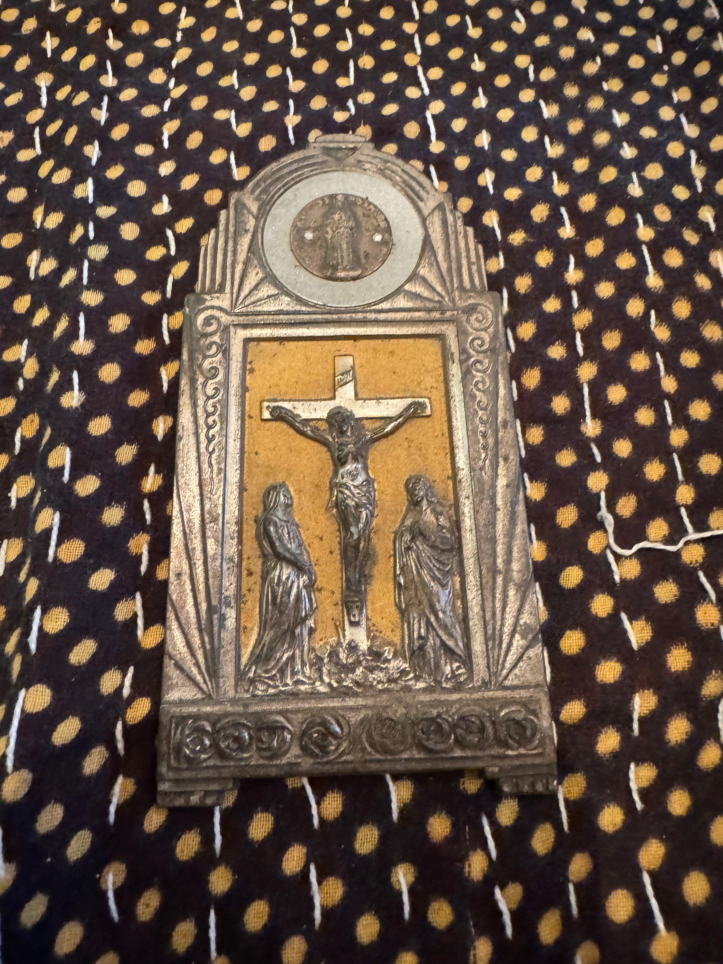 Antique French Crucifixion on Metal Easel