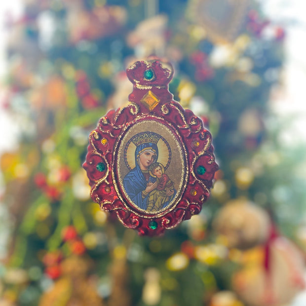 Glass Red/Gold Virgin and Child Ornament