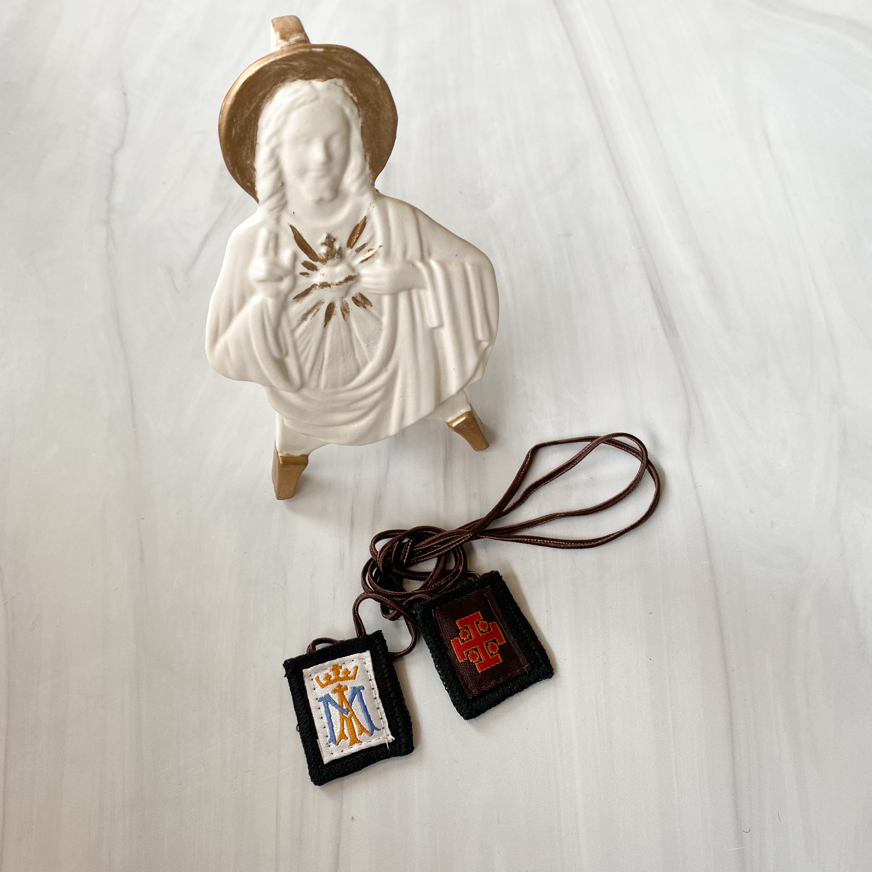 Ave Maria and Jerusalem Cross Brown Wool Scapular