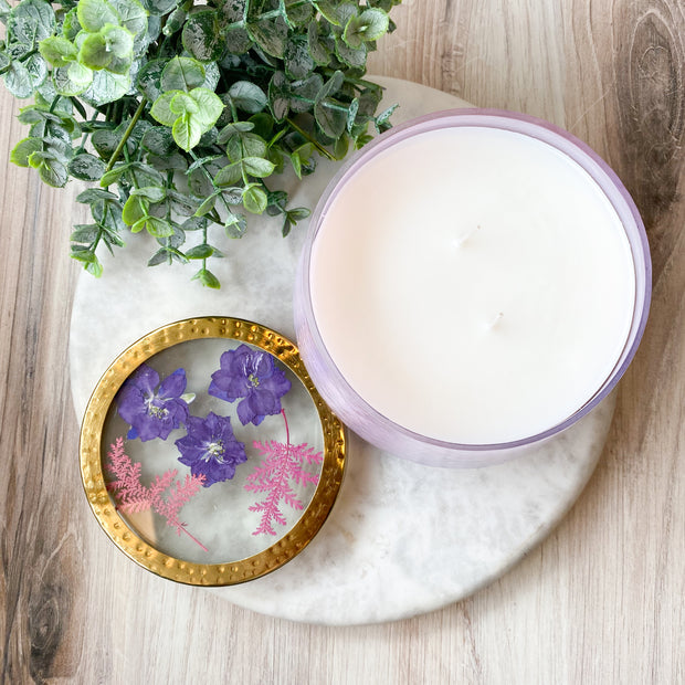 Blackberry & Coconut Watercolor Pressed Floral Candle- Large