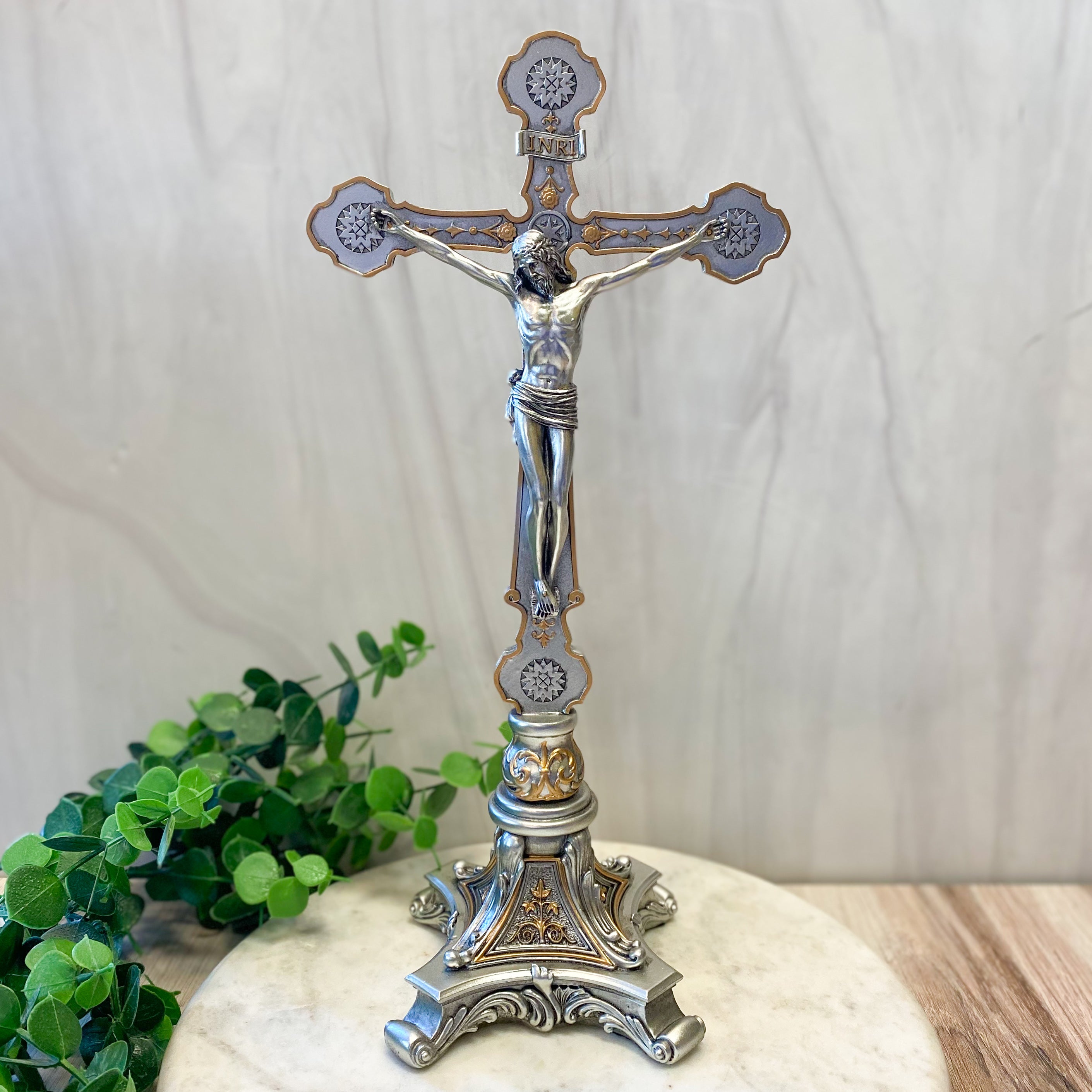 Ornate Standing Crucifix in Pewter Style