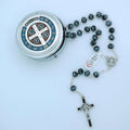 Italian Enameled Rosary Box w/Rosary, St. Benedict