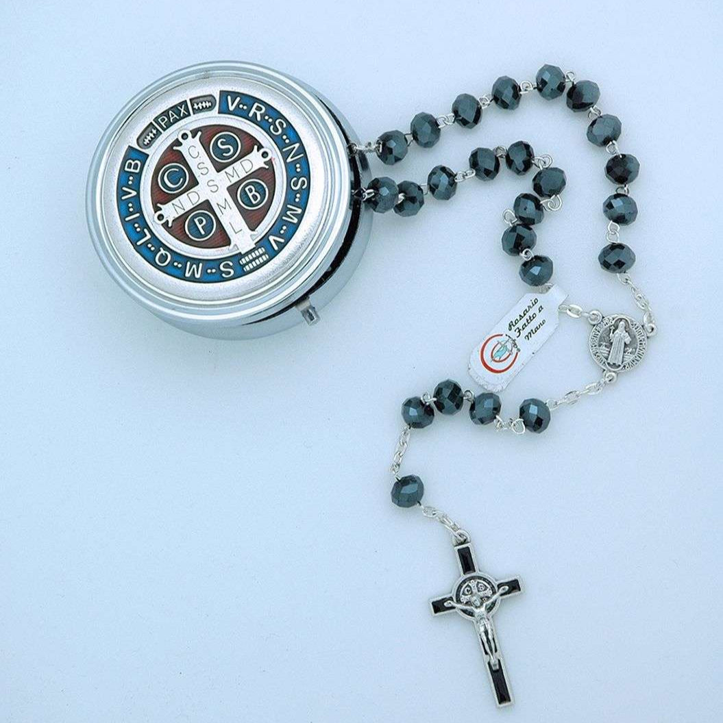 Italian Enameled Rosary Box w/Rosary, St. Benedict