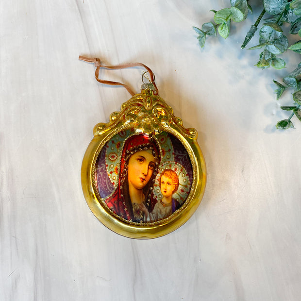 Glass Medallion Madonna & Child Ornament 5.125"