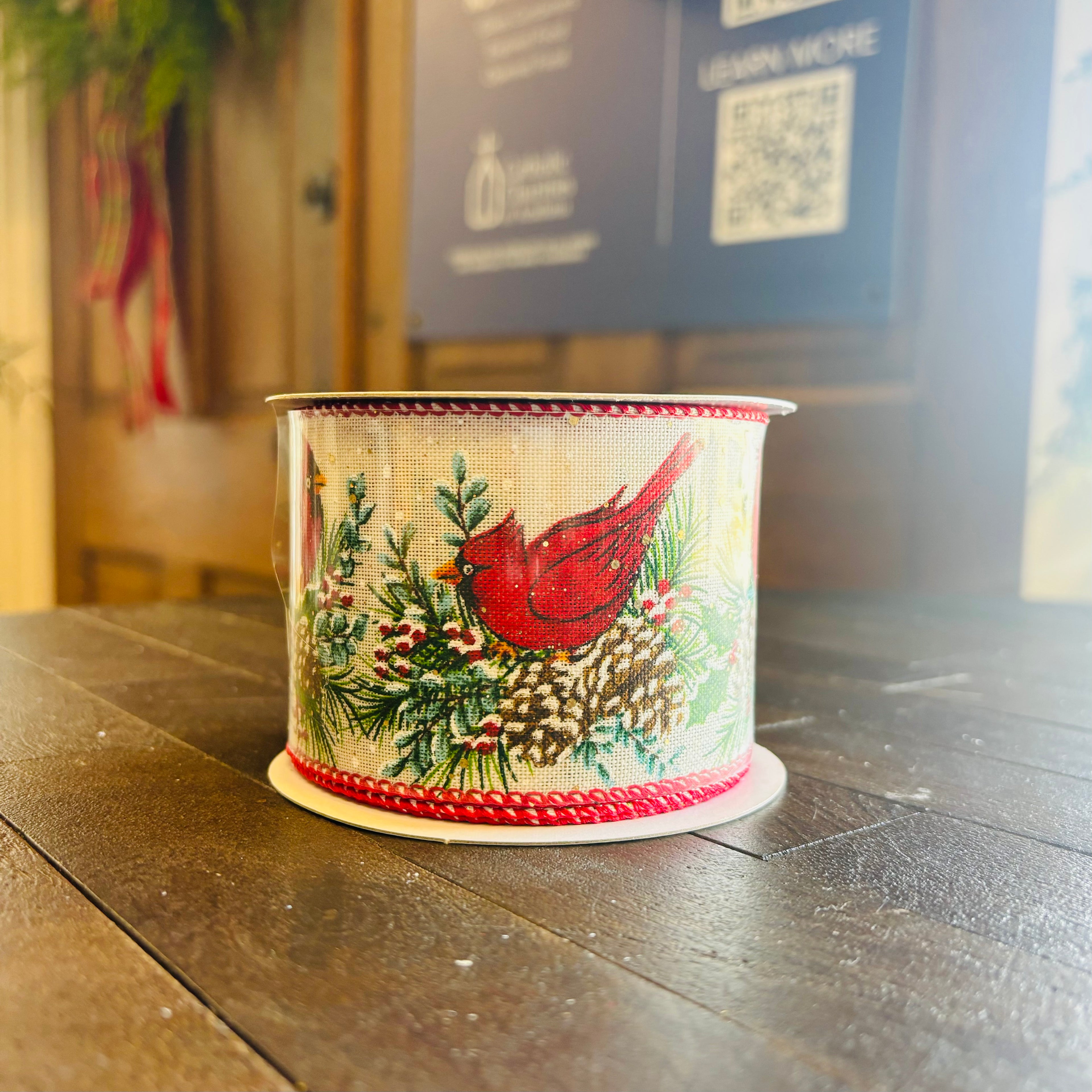 Ivory Linen Cardinal with Pinecone and Eucalyptus Ribbon