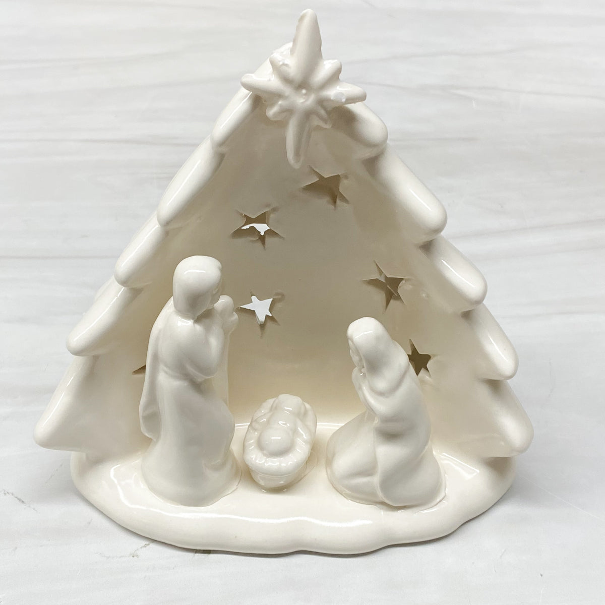 Stoneware Holy Family with Tree & Cut-Outs 5.75"x5.75"
