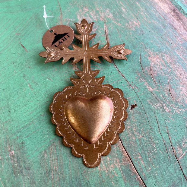 Small Cross Heart Tin Ornament