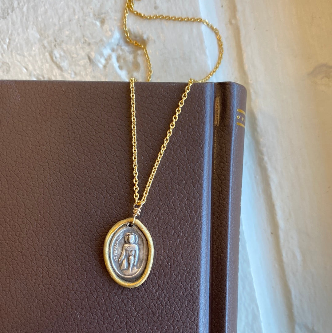 St. Peregrine with detail accented with 22k on gold filled chain